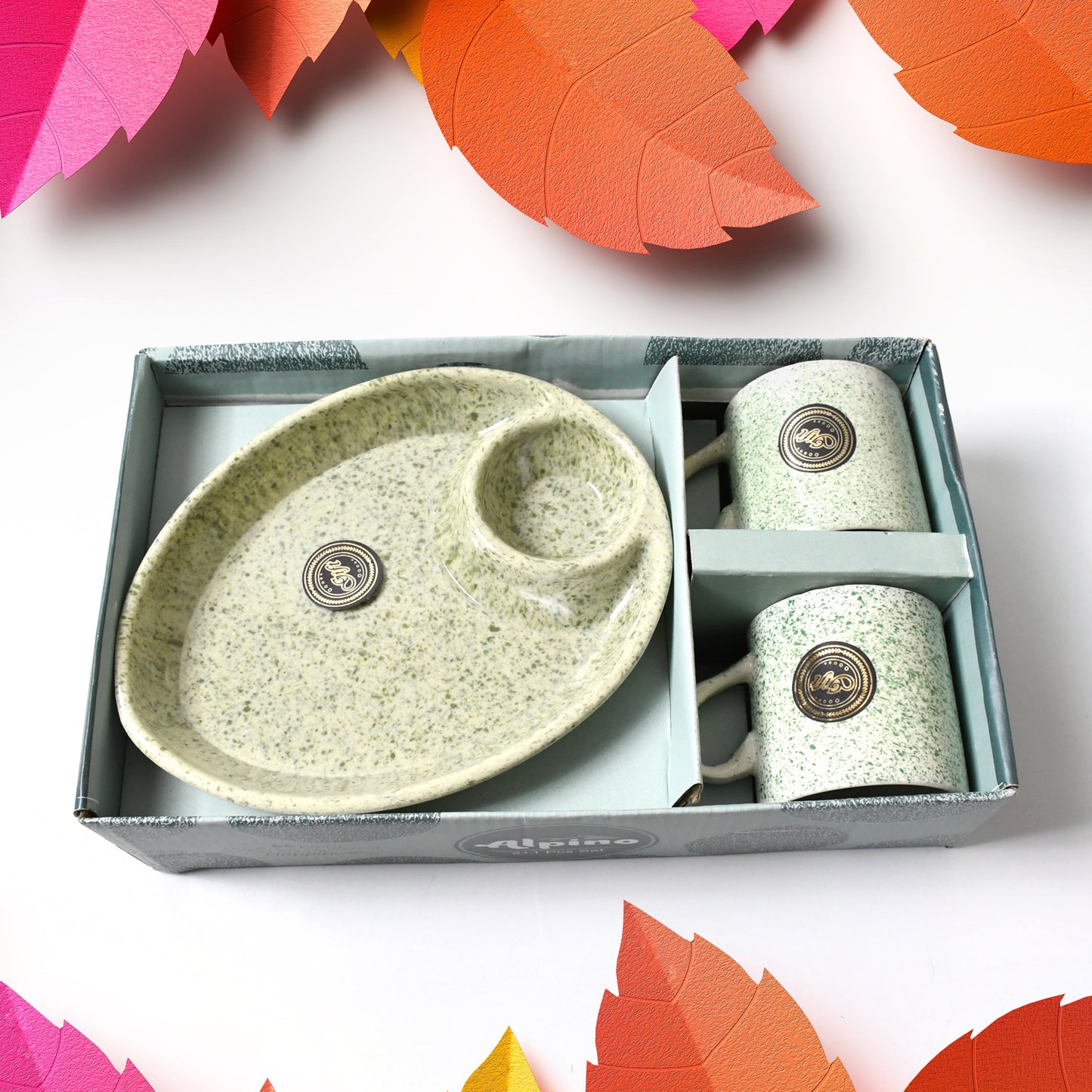 8227 Alpino Ceramic Tea Cups Set With Plastic Serving 2 Compartment Platter Milk Cup Mug Coffee Cup Tea Cup Bpa Free Food Grade Or Outdoor For Household Gift For Birthday (3 Pcs Set)