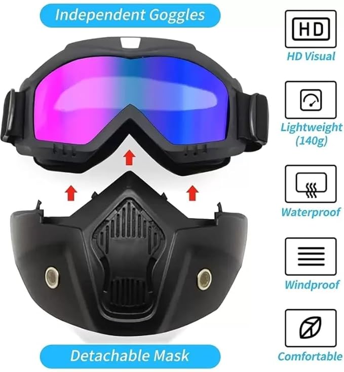Goggle Mask Anti Scratch UV Protective Open Face & Eyewear Windproof Dirt Shield Adjustable Soft Foam Padded Detachable for Cycling Bike Off Road Racing Riding for Unisex (Rainbow)