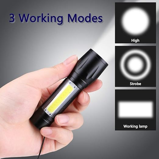 LED Flashlight with COB Light Mini Waterproof Portable LED XPE COB Flashlight USB Rechargeable 3 Modes Pen Clip Light Flashlight with Hanging Rope Small Size (Black Colored)