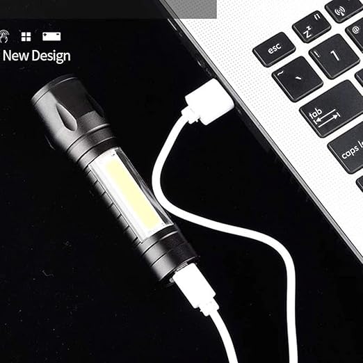 LED Flashlight with COB Light Mini Waterproof Portable LED XPE COB Flashlight USB Rechargeable 3 Modes Pen Clip Light Flashlight with Hanging Rope Small Size (Black Colored)