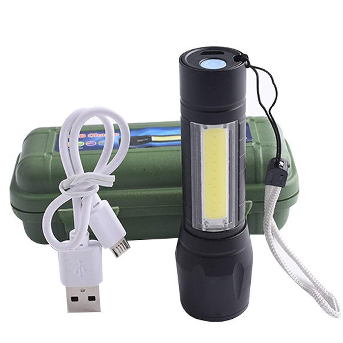 LED Flashlight with COB Light Mini Waterproof Portable LED XPE COB Flashlight USB Rechargeable 3 Modes Pen Clip Light Flashlight with Hanging Rope Small Size (Black Colored)