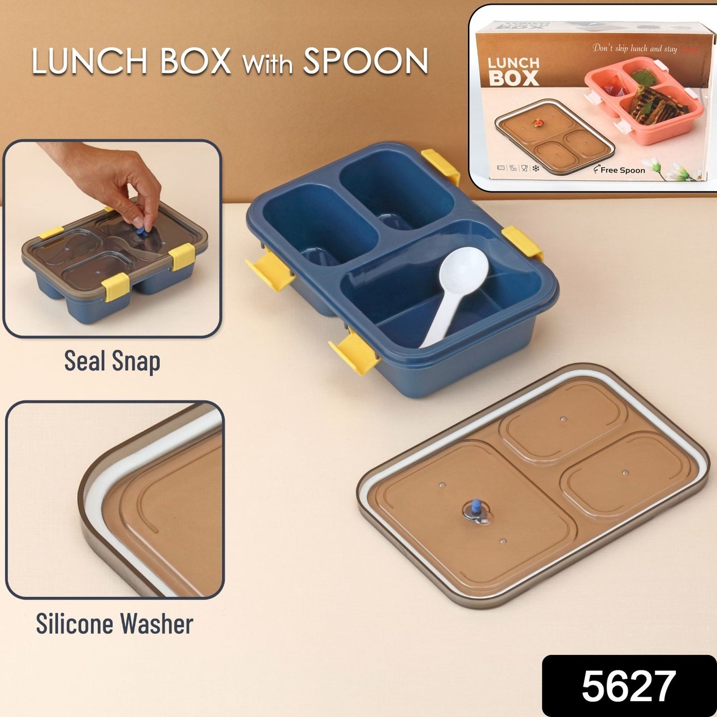 5627 Plastic Lunch Box For Kids Lunch Box For Kids 3 Compartment Insulated Lunch Box Tiffin Box For Boys Girls School Office Men (3 Compartment Lunch Box)