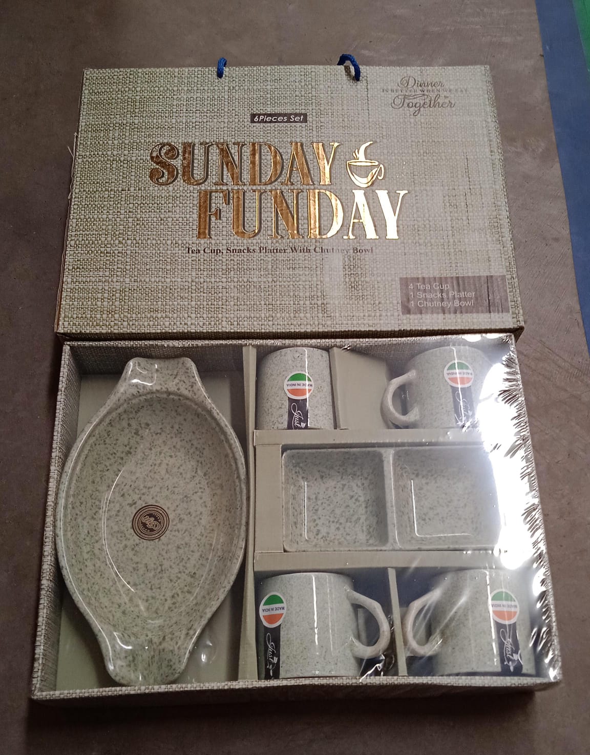 8240 Sunday Funday Ceramic Tea Cups Mug With Plastic Snacks Platter And 2 Compartment Chutney Bowl Milk Cup Coffee Cup Breakfast Cup Drinking Mug Or Outdoor For Household Gift For Birthday Wedding Party (6 Pcs Set)