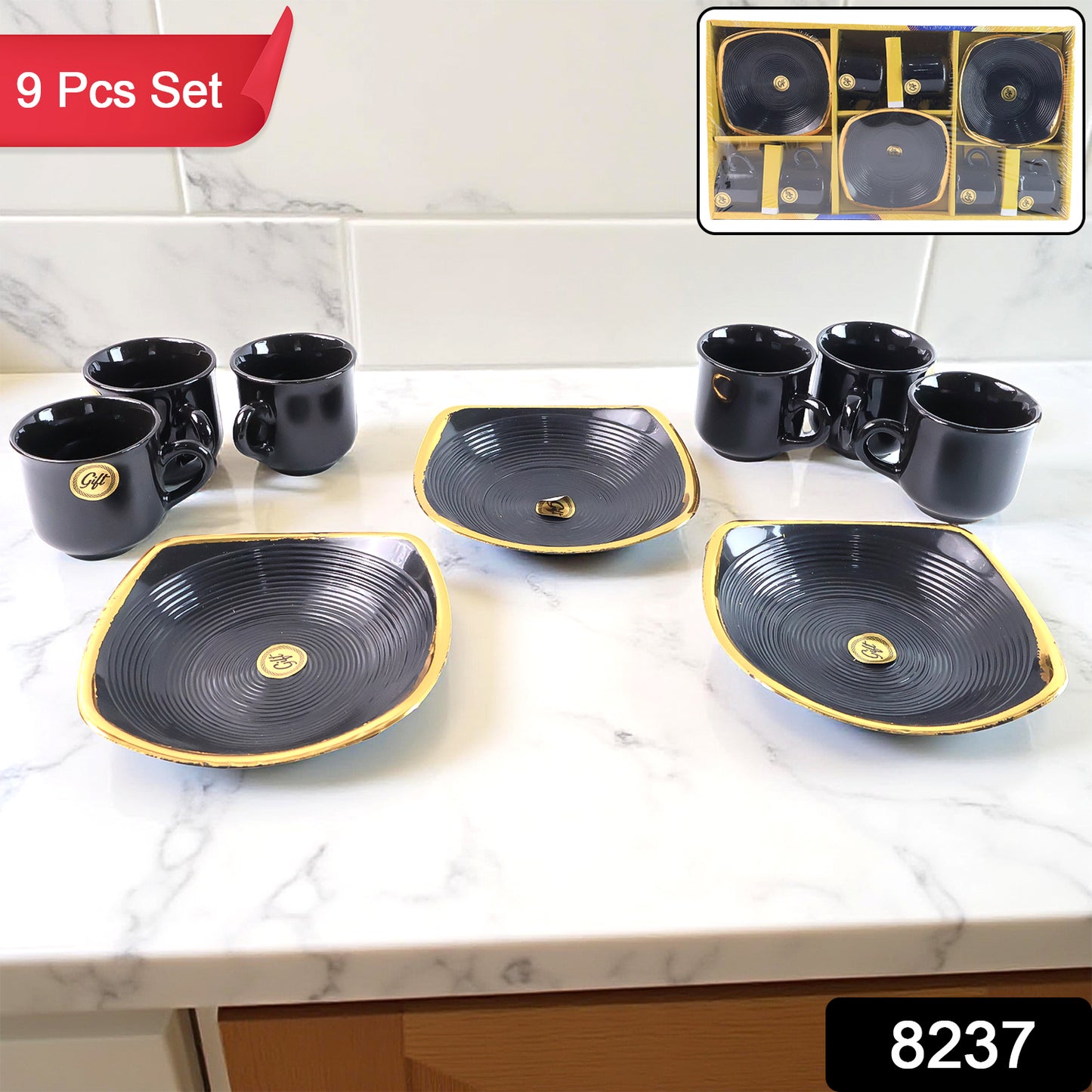 8237 Sweet Buzz Ceramic Tea Cups Mug Set With Seashell Shape Serving Bowl Milk Cup Coffee Cup Tea Cup Breakfast Cup Drinking Mug Or Outdoor For Household Gift For Birthday Wedding Party (8 Pcs Set)