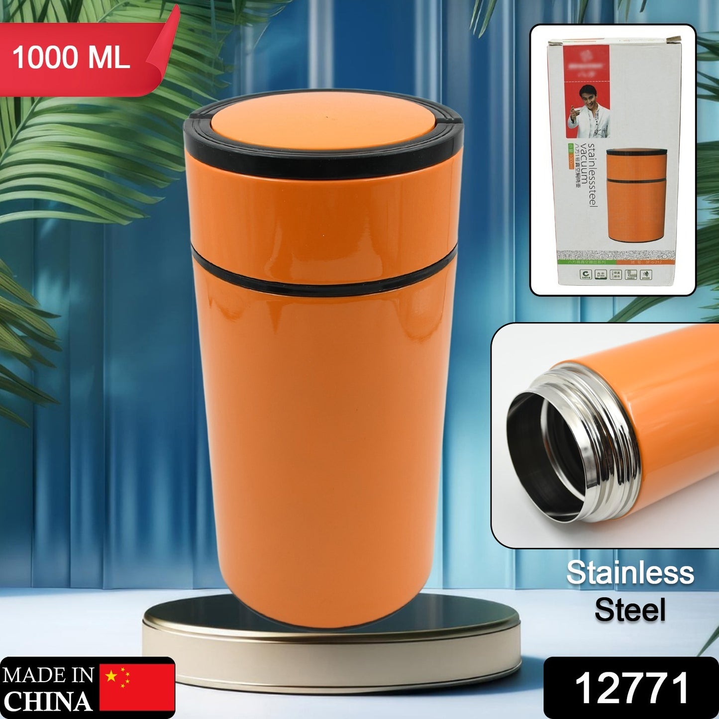 12771 Stainless Steel Water Bottle With Foldable Spoon Handle Easy To Carry Leak Proof Rust Proof Hot Cold Drinks Gym Sipper Bpa Free Food Grade Quality Steel Fridge Bottle For Office Gym School (1000 Ml)