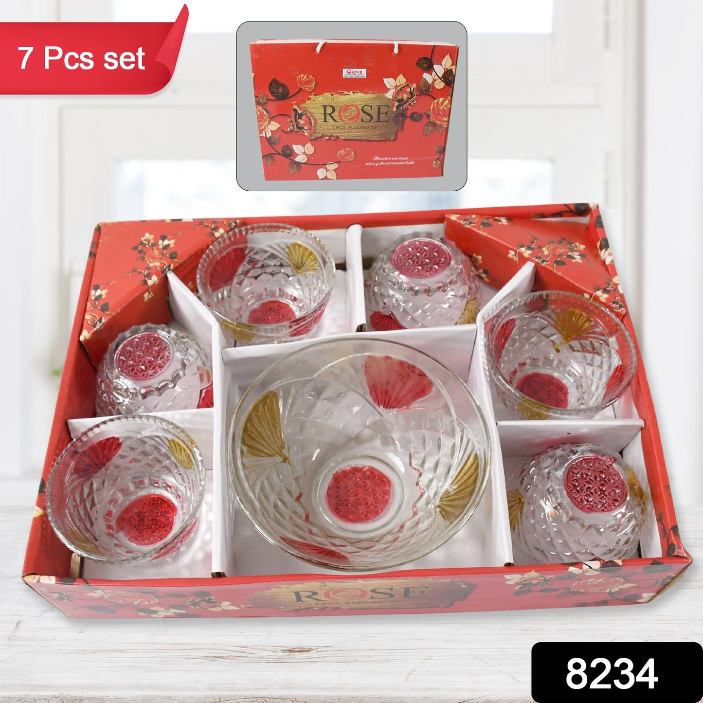8234 Rose Glass Multipurpose Pudding Dessert Ice Cream Bowl Set For Home Use Home Kitchen Serving Bowl For Sundae Sweets Snacks Fruit Pudding Nuts Or Dip Serving Bowls 6 Medium 1 Big Bowl (Set Of 7 Pc)