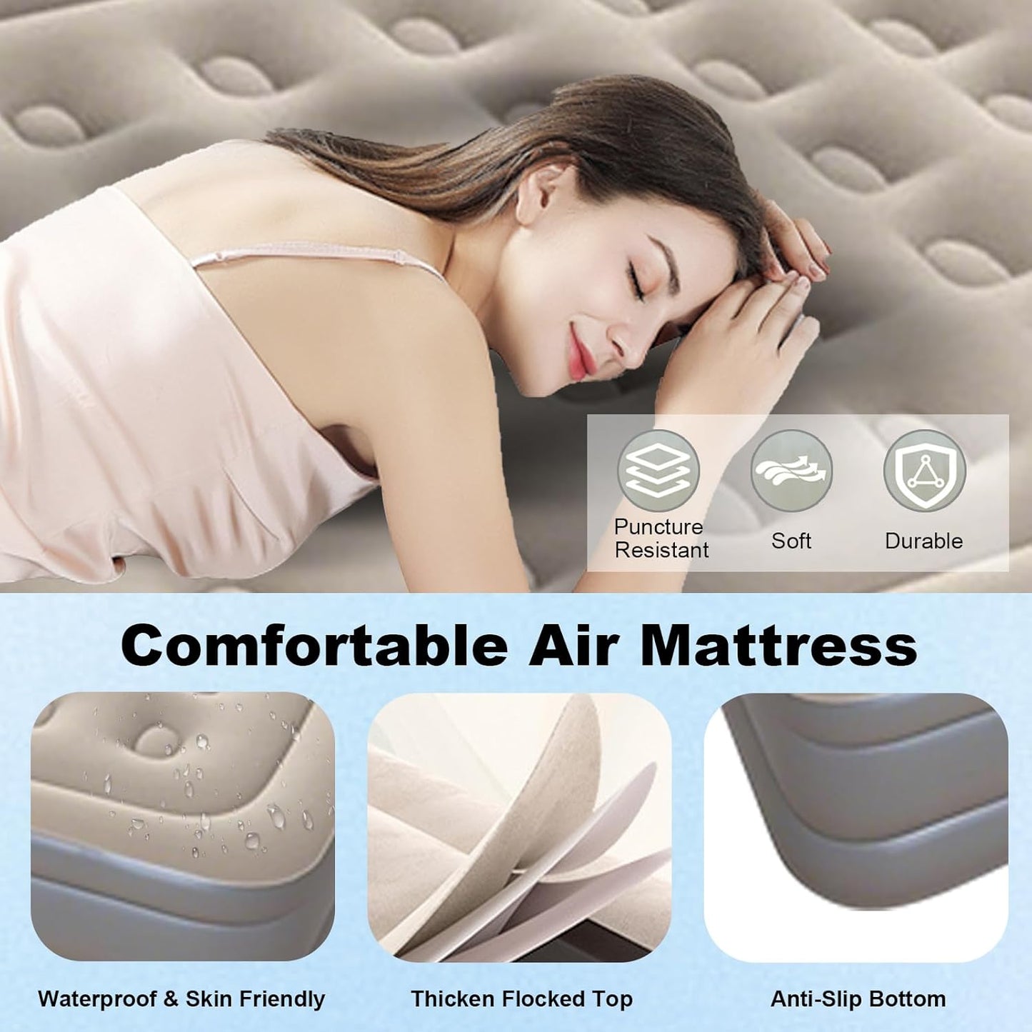 Luxury Single Air Mattress with Built-in Pump,Comfort Blow up Mattress with Pillow,Fast & Easy Inflatable Mattress, Foldable Blow Up Mattress with Storage Bag (Blue Gray, Single)