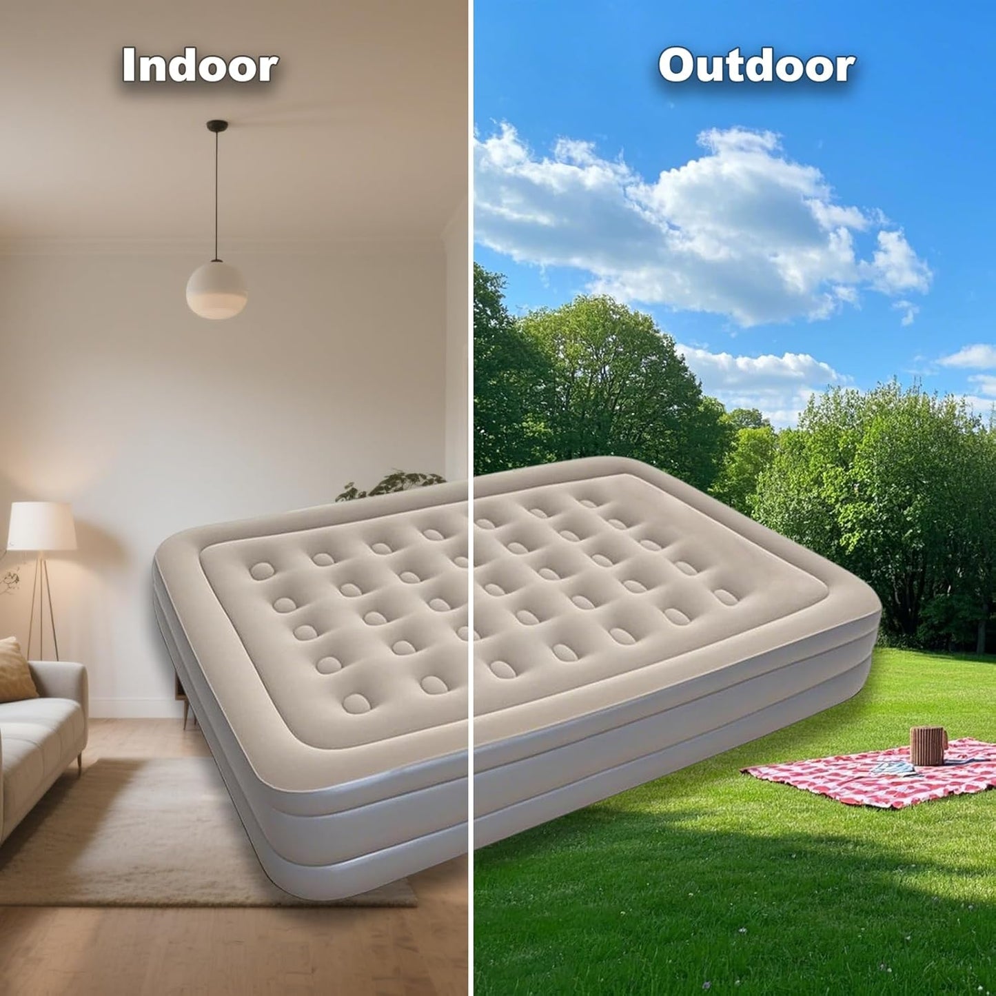 Luxury Single Air Mattress with Built-in Pump,Comfort Blow up Mattress with Pillow,Fast & Easy Inflatable Mattress, Foldable Blow Up Mattress with Storage Bag (Blue Gray, Single)