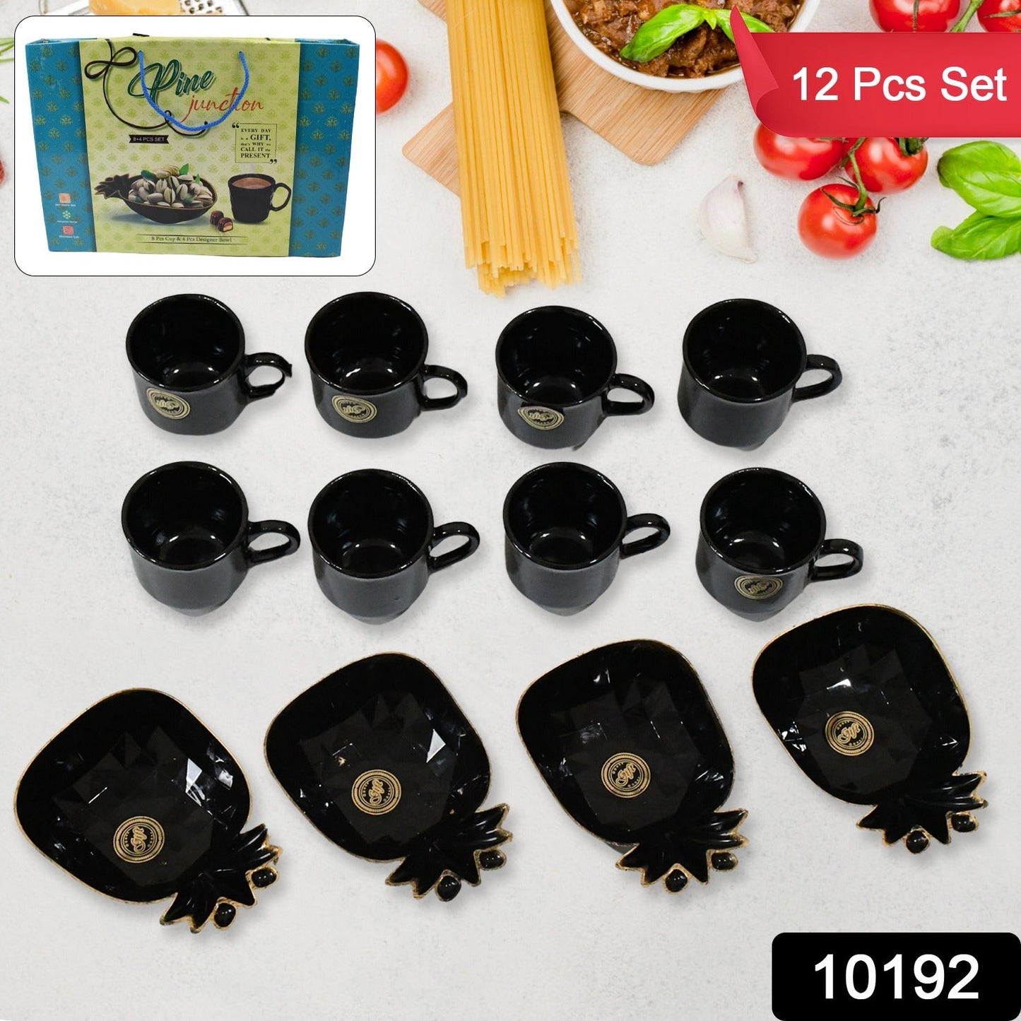 Pine Junction Ceramic Tea Cups Mug Set With Pineapple Shape Serving Bowl (12 Pcs Set)