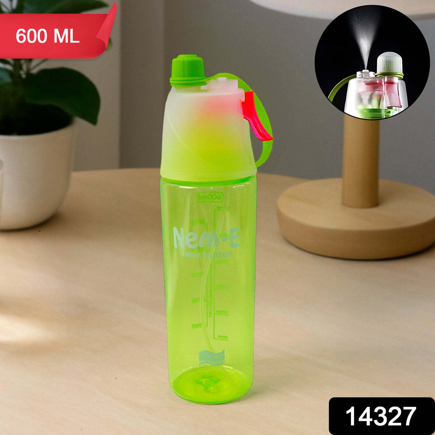 Plastic Dual Function Sports Water Bottle With Built-in Mist Spray And Leakproof Cap (600ml 1 Pc)