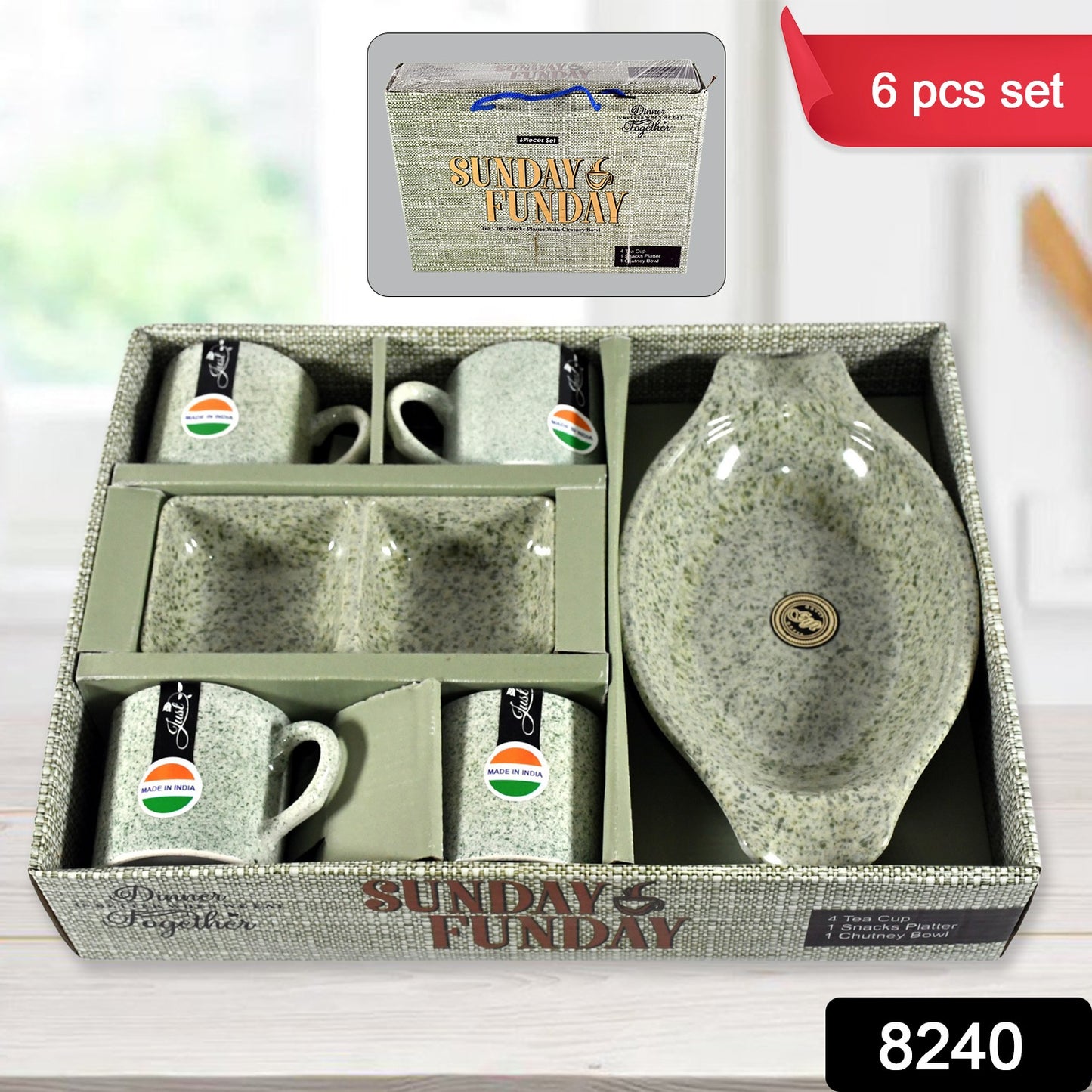 8240 Sunday Funday Ceramic Tea Cups Mug With Plastic Snacks Platter And 2 Compartment Chutney Bowl Milk Cup Coffee Cup Breakfast Cup Drinking Mug Or Outdoor For Household Gift For Birthday Wedding Party (6 Pcs Set)