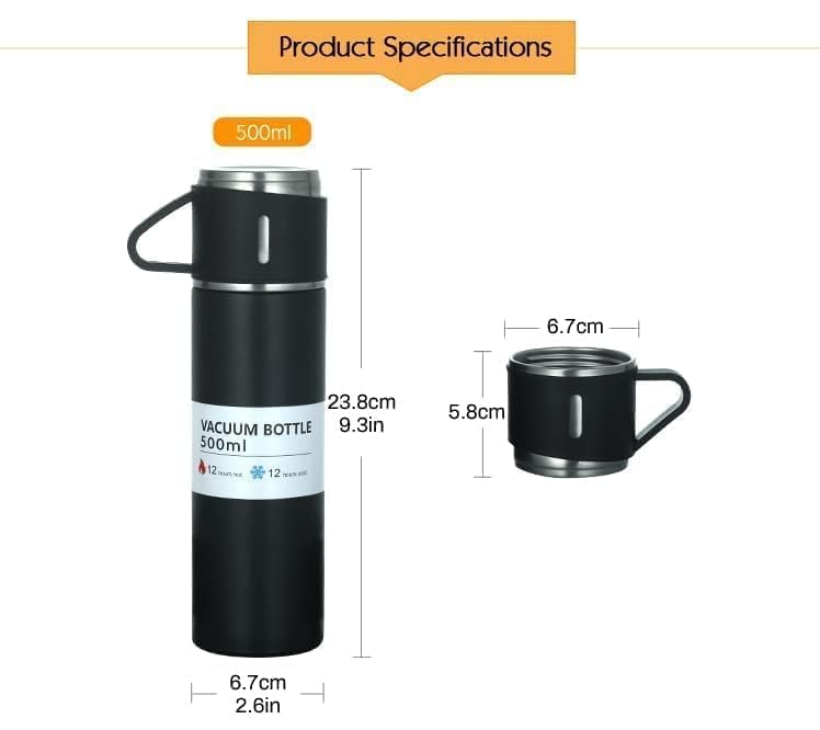 Steel Vacuum Flask Set with 3 Stainless Steel Cups Combo - 500ml - Keeps HOT/Cold | Ideal Gift for Winter - Housewarming Random Color
