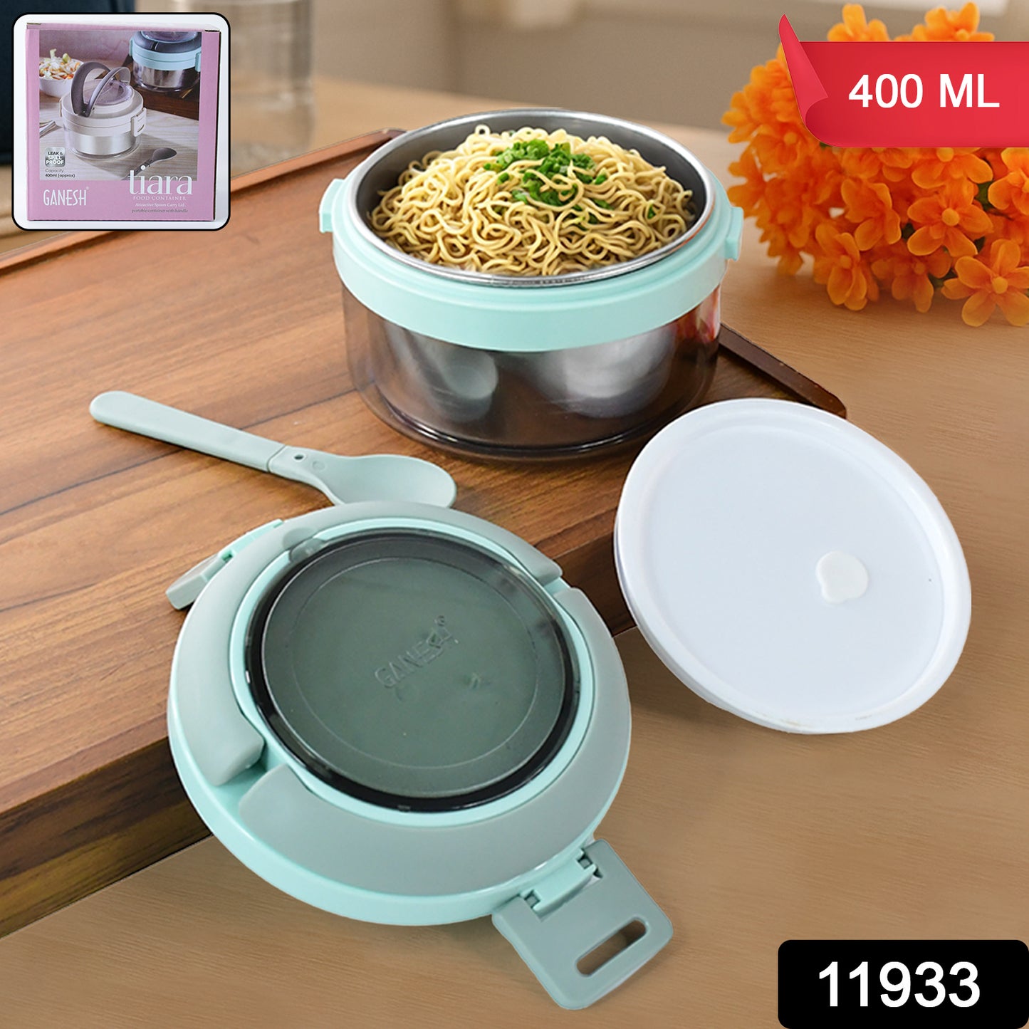 Ganesh Tiara 400ml Stainless Steel Insulated Lunch Box With Leakproof Lid Folding Spoon