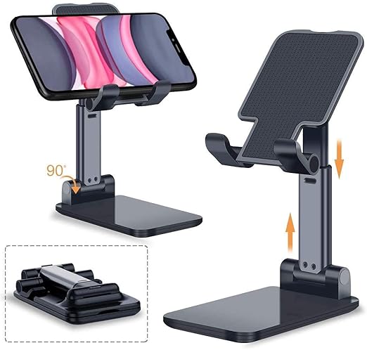 Adjustable and Foldable Desktop Phone Holder Stand for Phones Compatible with All Mobile Phone/iPad/Tablets for Desk, Bed, Table, Office, Video Recording, Home & Online Classes - (Black)