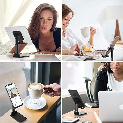 Adjustable and Foldable Desktop Phone Holder Stand for Phones Compatible with All Mobile Phone/iPad/Tablets for Desk, Bed, Table, Office, Video Recording, Home & Online Classes - (Black)