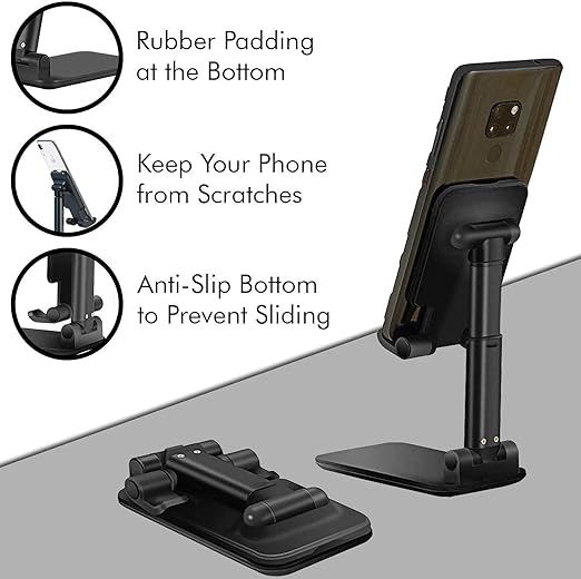 Adjustable and Foldable Desktop Phone Holder Stand for Phones Compatible with All Mobile Phone/iPad/Tablets for Desk, Bed, Table, Office, Video Recording, Home & Online Classes - (Black)