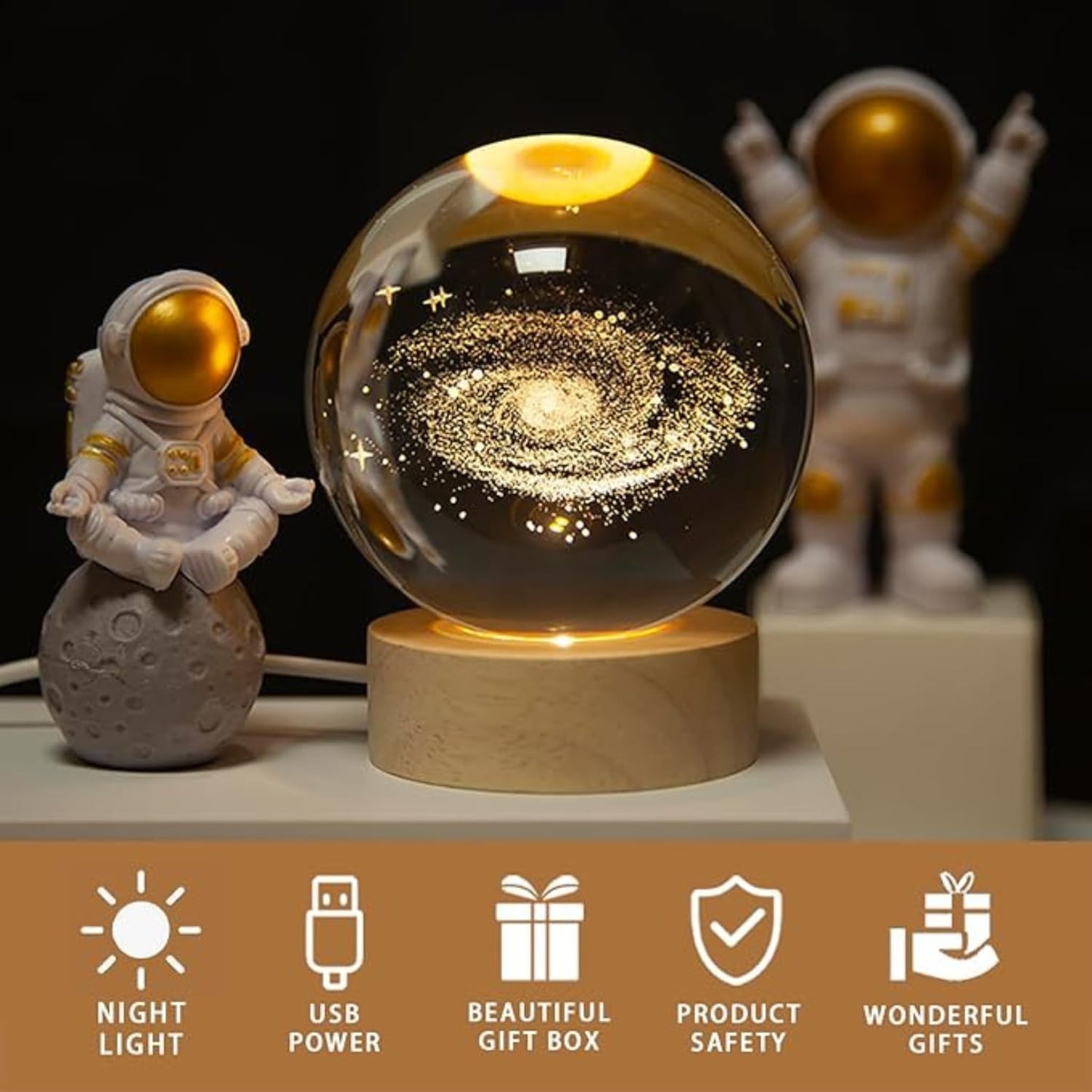 3D Universe Crystal Ball Night Lamp,Galaxy Crystal Ball Night Light, USB Table LED Wooden Crystal Ball for Boys and Girls, Home Office Decoration, Birthday Gift Adults (Galaxy Light)