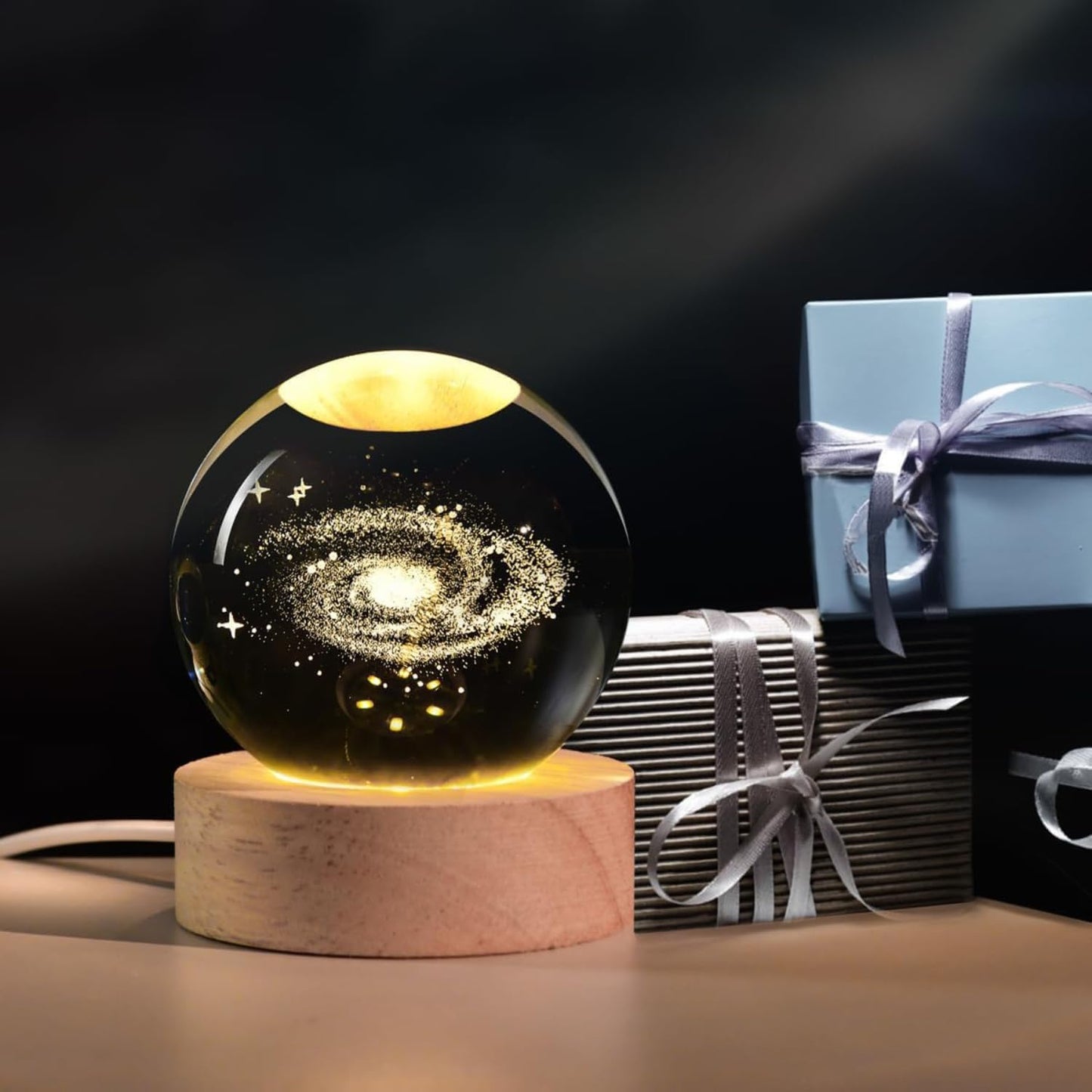 3D Universe Crystal Ball Night Lamp,Galaxy Crystal Ball Night Light, USB Table LED Wooden Crystal Ball for Boys and Girls, Home Office Decoration, Birthday Gift Adults (Galaxy Light)
