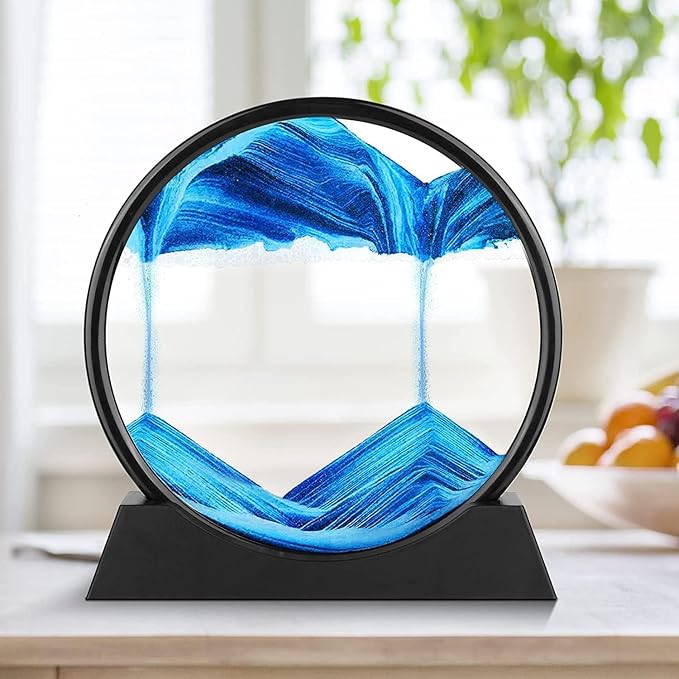 3D Dynamic Sand Art Liquid Motion, Moving Sand Art Picture Round Glass, 3D Deep Sea Sandscape Display Flowing Sand Frame | Relaxing for Desktop, Home, Office, Work, Décor (Blue)