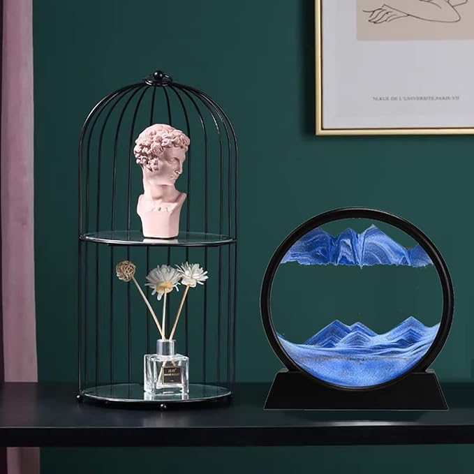 3D Dynamic Sand Art Liquid Motion, Moving Sand Art Picture Round Glass, 3D Deep Sea Sandscape Display Flowing Sand Frame | Relaxing for Desktop, Home, Office, Work, Décor (Blue)
