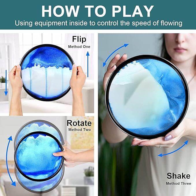 3D Dynamic Sand Art Liquid Motion, Moving Sand Art Picture Round Glass, 3D Deep Sea Sandscape Display Flowing Sand Frame | Relaxing for Desktop, Home, Office, Work, Décor (Blue)