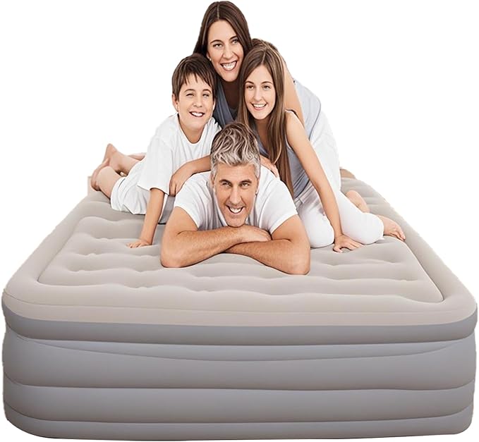 Luxury Single Air Mattress with Built-in Pump,Comfort Blow up Mattress with Pillow,Fast & Easy Inflatable Mattress, Foldable Blow Up Mattress with Storage Bag (Blue Gray, Single)