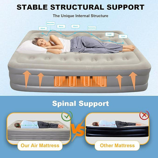 Luxury Single Air Mattress with Built-in Pump,Comfort Blow up Mattress with Pillow,Fast & Easy Inflatable Mattress, Foldable Blow Up Mattress with Storage Bag (Blue Gray, Single)