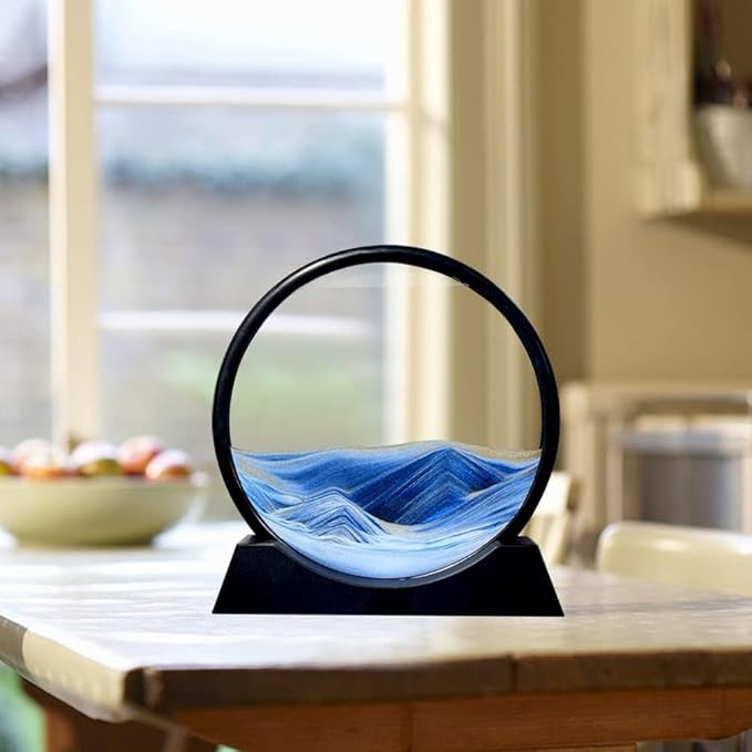 3D Dynamic Sand Art Liquid Motion, Moving Sand Art Picture Round Glass, 3D Deep Sea Sandscape Display Flowing Sand Frame | Relaxing for Desktop, Home, Office, Work, Décor (Blue)