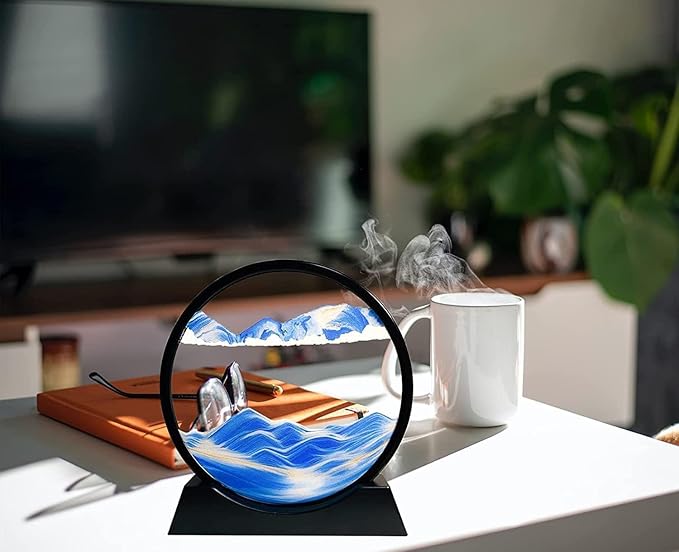 3D Dynamic Sand Art Liquid Motion, Moving Sand Art Picture Round Glass, 3D Deep Sea Sandscape Display Flowing Sand Frame | Relaxing for Desktop, Home, Office, Work, Décor (Blue)