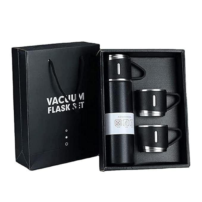Steel Vacuum Flask Set with 3 Stainless Steel Cups Combo - 500ml - Keeps HOT/Cold | Ideal Gift for Winter - Housewarming Random Color
