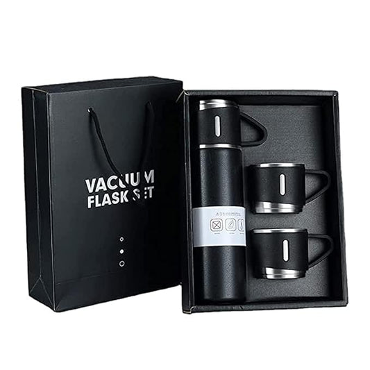 Steel Vacuum Flask Set with 3 Stainless Steel Cups Combo - 500ml - Keeps HOT/Cold | Ideal Gift for Winter - Housewarming Random Color