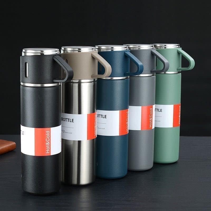Steel Vacuum Flask Set with 3 Stainless Steel Cups Combo - 500ml - Keeps HOT/Cold | Ideal Gift for Winter - Housewarming Random Color