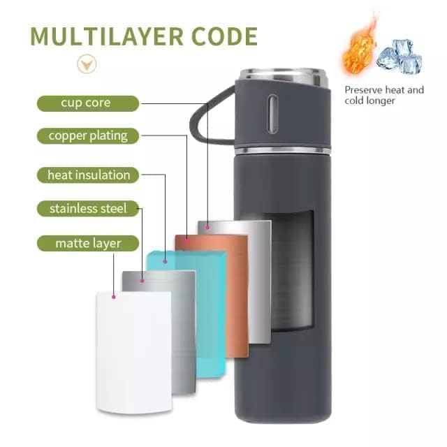 Steel Vacuum Flask Set with 3 Stainless Steel Cups Combo - 500ml - Keeps HOT/Cold | Ideal Gift for Winter - Housewarming Random Color
