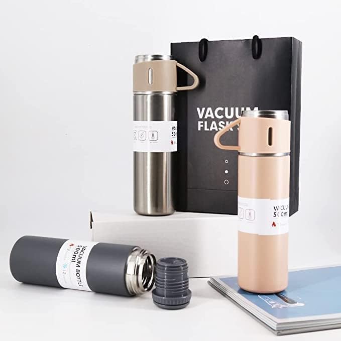 Steel Vacuum Flask Set with 3 Stainless Steel Cups Combo - 500ml - Keeps HOT/Cold | Ideal Gift for Winter - Housewarming Random Color